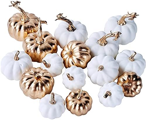 Artmag 16 Pcs Assorted Fall Artificial Pumpkins Harvest White Faux Pumpkins and Gold Plating Pumpkins for Halloween Fall Thanksgiving Decorating Displaying by Artmag