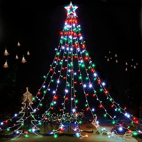 BlcTec Outdoor Christmas Lights 344 LED Christmas Star Lights with 9 Strands 11.9ft Waterfall Tree Lights, 8 Modes, Waterproof & Timer for Garden Yard Patio Outdoor Xmas Decorations，Red Green White by BlcTec