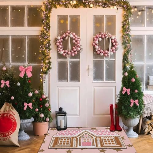 Drydiet Gingerbread Front Door Mat Non Slip Outdoor Porch Pink White - Image 5