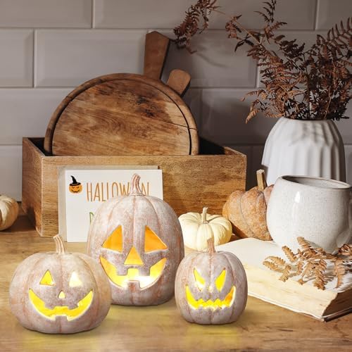Vicenpal 3 Pcs Resin Halloween Pumpkin Decor Pumpkin Lantern, Terracotta - Image 4