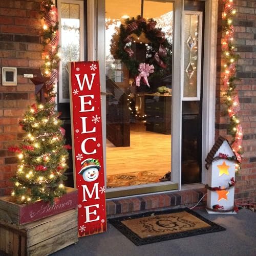 Christmas Snowman Wooden Porch Sign 47" Winter Vintage Large Welcome Porch Sign for Home Front Door Yard Party Decor (Red) - Image 4