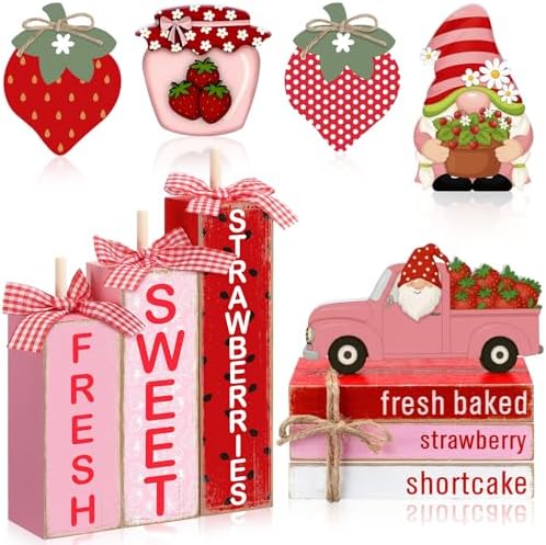 Vercraft 11 Pcs Strawberry Table Decorations Set Strawberry Tiered Tray Decor Summer Wooden Table Sign Farmhouse Sweet Wooden Centerpieces for Home Kitchen Office Decorations by Vercraft
