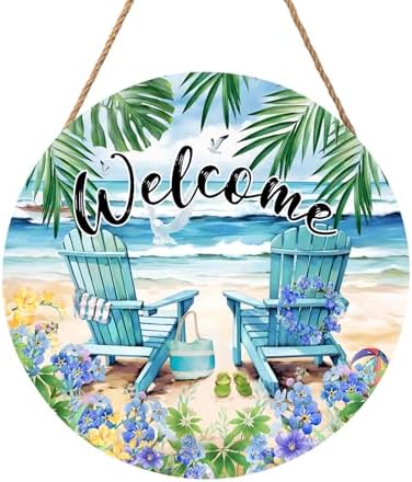 Welcome Summer Sea Chair Front Door SignFlower Wall Hanging Round Door Hanger Farmhouse Coastal Beach Wooden Wreath for Front Door Hello Summer Outdoor Outside Porch Decor 12"X12" by welcometoourhome