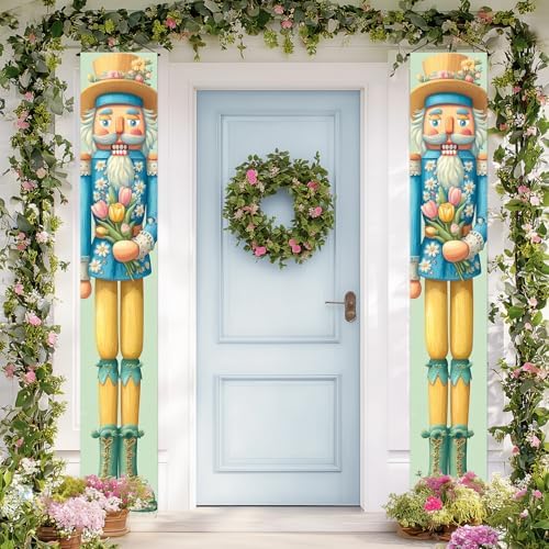 BlissYard Spring Nutcracker Door Banner Floral Hanging Banner Nutcracker Decor Tulip Bouquet Porch Banner Door Cover for Front Porch Wall Seasonal Holiday Home Decorations 12x72 Inch - Image 2