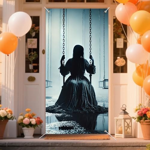 INV Creepy Girl Swing Door Cover 35x71 Inch Double Sided Spooky Haunted House Door Decoration for Halloween Front Door Porch Horror Entryway Indoor Outdoor Scary Decor - Image 5