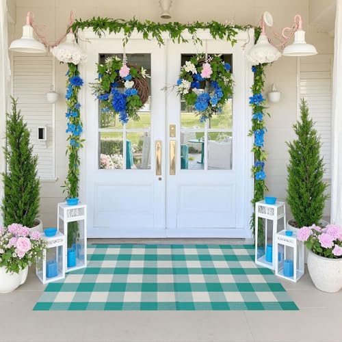 Buffalo Plaid Outdoor Rug 3x5 Ft Teal Green and White Checkered Area Rug Washable Doormats Indoor Outdoor Rugs for Layered Front Door Mats, Porch, Entryway, Kitchen, Farmhouse by WAYYE