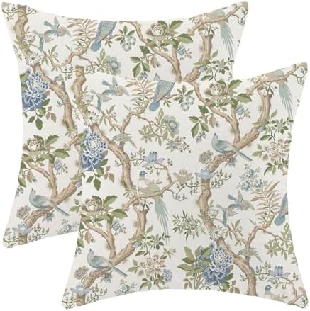 CXMEIFLY Chinoiserie Spring Pillow Covers 22 x 22 Inch Set of 2 for Blue Sage Green Vintage Flowers Bird Decor Throw Pillows Plant Farmhouse Outdoor Decorative Cushion Cases for Couch Bed Decorations by CXMEIFLY