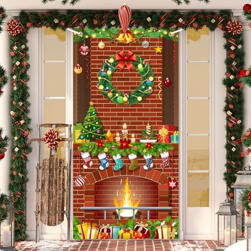 Christmas Door Cover Fireplace Decoration Xmas Large Photography Background Banner Porch Sign for Winter Indoor Outside Front Door Banner Farmhouse Party Supplies 6 x 3 Feet Fireplace by Sophena