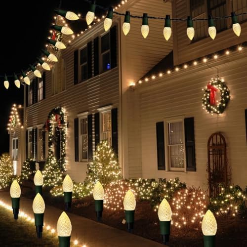 Huacenmy Solar Christmas Pathway Lights Outdoor, 20 LED C9 With 20 Stakes, 23FT Decorations Strawberry String for Roof Yard Patio Walkway Driveway, Warm White - Image 4