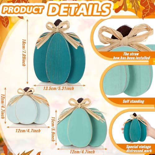 Ferraycle 3 Pcs Fall Pumpkin Decor Fall Wooden Signs 3D Pumpkin Tabletop Decor Farmhouse Sign Rustic Tiered Tray Decorations Block Centerpieces Standing Sign for Home Kitchen Harvest(Blue Color) - Image 3