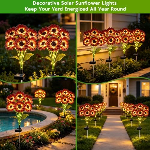Solar Sunflower Lights Outdoor Garden Decor, 4 Pack Solar Brown Flowers Lights with 18 Sunflowers, Waterproof Fall Decor Stake Decorative Light Auto ON/Off for Garden Yard Patio, Gift for Women - Image 6