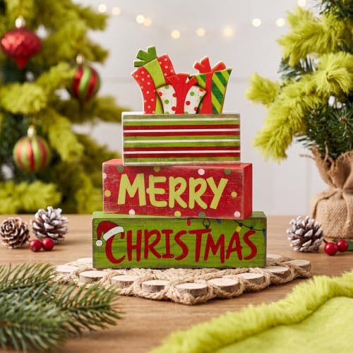 Lineshading 4 Pcs Christmas Table Decor - Red Green Gift Box Wooden Blocks - Image 3