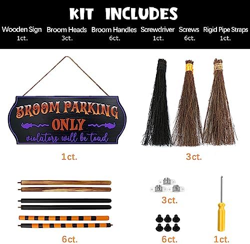 Halloween Decorations - Broom Parking Sign with 3 Wooden Witches Brooms - Image 5