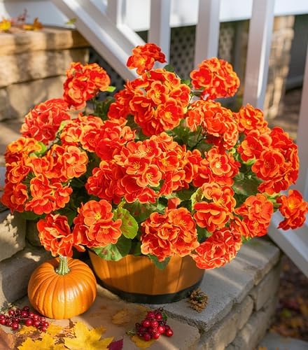 Fake Geraniums Artificial Flowers for Outdoors Fall Autumn Decoration, 6 Bundles Silk Geraniums UV Resistant Look Real Orange Faux Flowers Plants for Front Door Garden Planter Patio Balcony Yard Home by HyeFloraartificialflowers