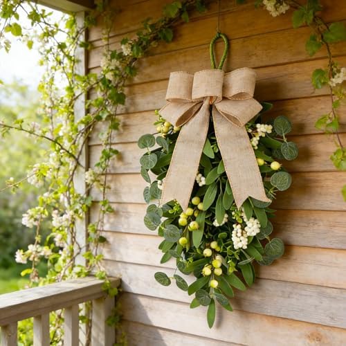 2 PCS 22" Artificial Green Eucalyptus Teardrop Swag for Front Door Greenery Swag Spring Summer Olive Kitchen Cabinet Wreath with White Berry for Farmhouse Home Porch Wall Window Festival Wedding Decor - Image 2