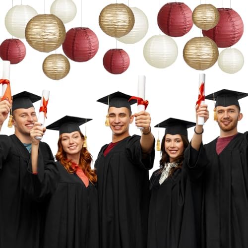 Round Hanging Paper Lanterns Burgundy and Gold Party Decorations15pcs - Image 3
