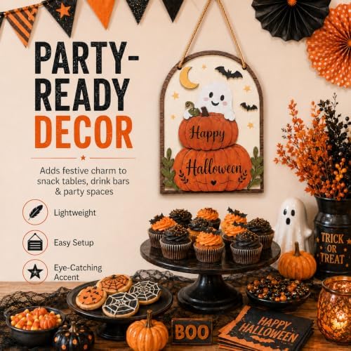 LKTEE Halloween Door Sign, Wooden Ghost Pumpkin Decor for Front Door - Image 3
