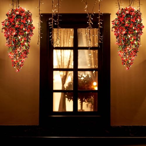 RECUTMS 2Pcs Artificial Red Hanging Flowers with Lights for Outdoor Decor - Image 6
