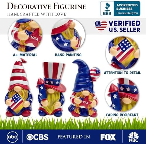 OrnamentallyYou Spring & Summer-Themed Garden Statues – Adorable Outdoor Decor for Lawn, Patio & Porch (Patriotic Gnome Trio Figurines, 6" Set of Three Garden Statues and July 4th Decoration) - Image 2