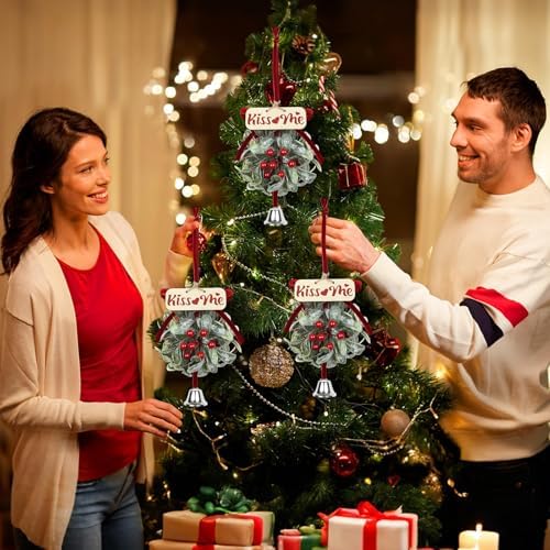 2 PCS Christmas Mistletoe Decoration Artificial Mistletoe Hanging Ornament Kissing Ball with Berry Bow Silver Bell Wooden Sign'kiss Me' for Doorway Home Xmas Tree Friendship Holiday Party Decor (Red) - Image 4