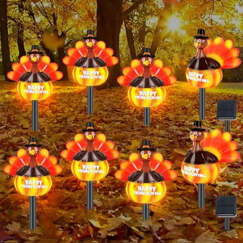 2 Sets 4-in-1 Thanksgiving Turkey Pumpkin Solar Lights Outdoor Decoration Fall Lights Decorative Hand Painted Yard Stakes Solar Powered Turkey Pumpkin Solar Lights For Lawn Pathway Yard Walkway Porch by Eyourlife