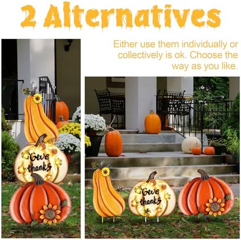 Fovths 42.3 Inch 3 Pieces Thanksgiving Metal Fall Pumpkins Garden Yard Sign, Giant LED Metal Thanksgiving Pumpkin Yard Sign Stakes, Waterproof Fall Harvest Pumpkin for Outdoor Lawn Decor - Image 5