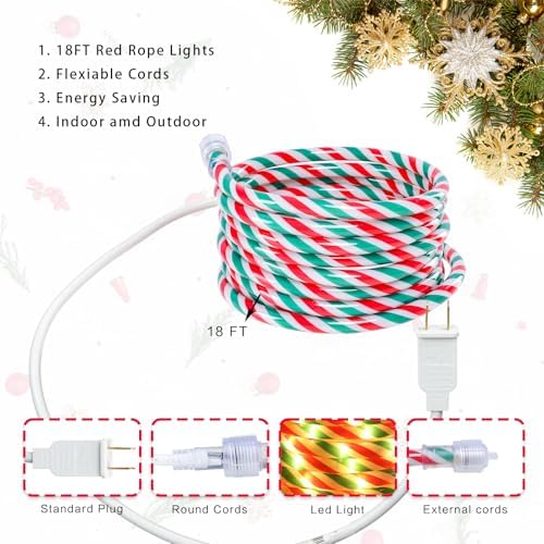 Vigdur Candy Cane Rope Lights Outdoor, 18FT 216 LEDs Christamas Rope Lights - Image 5