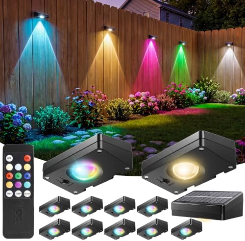 JOFIOS Fence Lights Solar Powered with Remote, 9 Fixed Colors ＆ Color Changing White Fence Lights Waterproof IP65 Dusk-to-Dawn LED Deck Lighting for Patio, Pool, Porch, Backyard, Wall, 12 Pack by JOFIOS