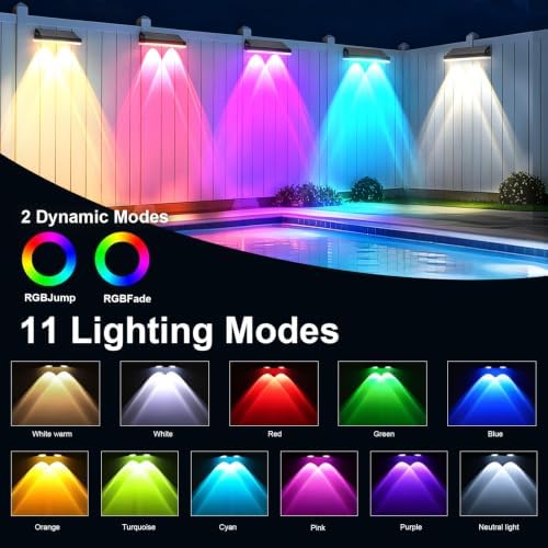 Solar Fence Lights with 13-Mode RGB, Solar Power Garden Lights Waterproof IP65, 20 Hours of Runtime, Solar Outdoor Lights for Yard, Deck, Patio, Wall, Post(12PCS) - Image 2