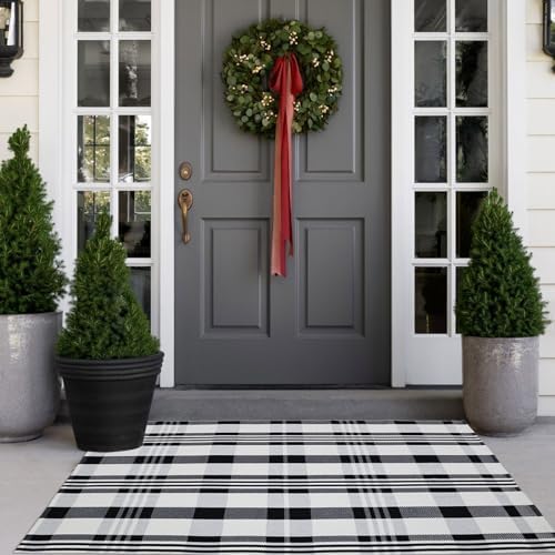Fall Décor Plaid Rug, 3' x 5' Black&White Check Indoor/Outdoor Area Rug, Layering Rug for Hello/Welcome Door Mat, Machine Washable Cotton Woven Rugs for Farmhouse Front Porch, Entryway by BOTTA