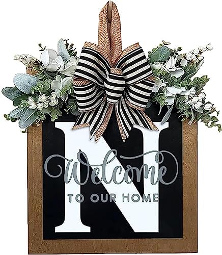 Last Name Year Round Front Door Wreath Front Porch Decoration 26 Letter Welcome Sign with Eucalyptus Garland and Bow Spring Wreaths for Front Door Outside Hanger Garland (N) by YICORIP
