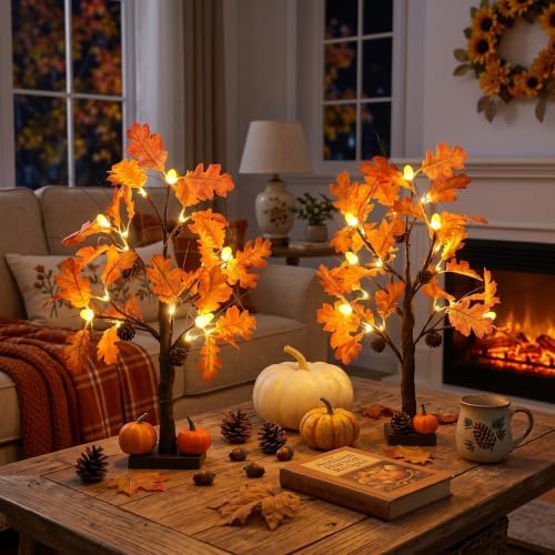 hogardeck Fall Decorations for Home, 2 Pcs 24”2FT Lighted Acorn Leaves Tree Fall Decor with Warm White LEDs, 6 Acorn Lampshades and 6 Pine Cone Ornaments Battery Powered Timer for Autumn, Thanksgiving - Image 2
