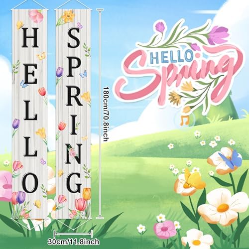 Hello Spring Banner Decorations Set of 2, 11.8" x 71" Spring Floral Porch Banners, Hello Spring Sign Decorations for Front Door Porch Wall Yard Party Supplies Indoor Outdoor Decoration (White) - Image 3