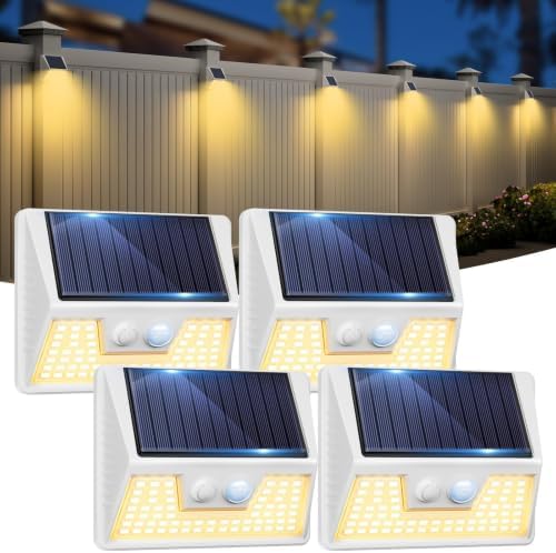 Vighep 4 Pack Solar Fence Lights Waterproof, Motion Sensor Deck, Warm White LED Outside Wireless for Wall, Yard, Garden - White by Vighep