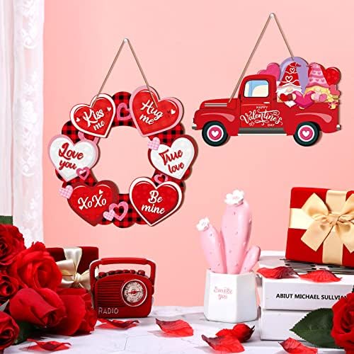 2 Pcs Happy Valentine's Day Signs Wreath Heart Hanging Wooden Door Sign Truck Gnome Valentine's Day Wall Decor for Home Wedding Anniversary Party, 2 Styles - Image 3