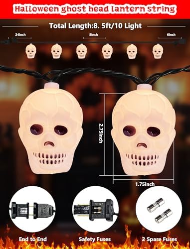 8.5Ft Halloween White Skull String Lights Outdoor, Halloween Decoration String Lights with 10 LED Skeleton Lights Waterproof, Hanging Holiday Lights for Indoor/Outdoor Yard Porch Patio Party Decor - Image 2