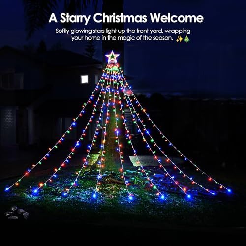WBao Outdoor Christmas Decorations with 12" Star Topper, 344 LED 11.9ft Waterfall Christmas Lights with Remote Control, 8 Modes, 3 Timers, UL Listed, Waterproof for Tree Roof Porch Decor, Multicolor - Image 7