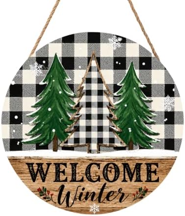 Winter Welcome Sign for Front Door Decor Christmas Plaid Trees Round Outdoor Hanging Wooden Door Sign for Porch Xmas Holiday Farmhouse Wreath Hanger Sign for Outside Indoor Wall Decoration 12"X12" by Unknown