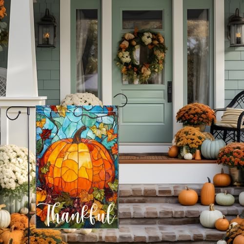 Thankful Thanksgiving Garden Flag, Fall Garden Flags for Outdoor Decor 12x18 Inch Autumn Stained Glass Pumpkin Maple Leaf Double Sided Small Burlap Outside Porch Lawn Yard Decorative Flags - Image 4