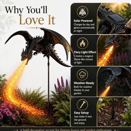 Solar Dragon Fire Garden Light, Solar Dragon Fire Garden Stake Light - Goth Outdoor Yard Stake Decor - for Lawn, Pathway, Flower Bed, Patio & Yard - Image 5