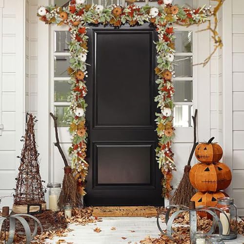 Autumn Wreaths Lambs Ears Leaves Maple Leaf Pumpkin Garland 70inches Artificial Fall Garland Decorated on The Walls of The Living Room Hallway Thanksgiving Harvest Gathering Celebration Decor - Image 5