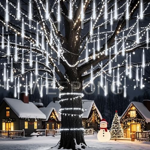 Weepong Meteor Shower Lights, Christmas Decorations Outdoor 32 Tubes White - Image 5