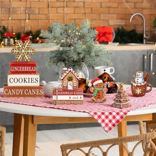 Vercraft 11 Pcs Christmas Gingerbread Table Decorations Farmhouse Wooden Tiered Tray Signs Gingerbread Man Figurine Candy Cane Blocks for Home Winter Christmas Holiday Decor - Image 5