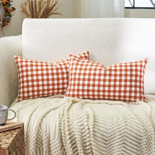 Fall Burnt Orange Plaid Gingham Outdoor Lumbar Pillow Covers 12x20 Set of 2 by CARRIE+HOME