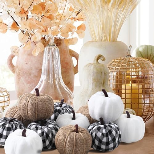 SITUMEIZI 12 Pcs Pumpkins Fake Harvest Velvet Pumpkin White Black Small Faux Fabric Foam Pumpkin for Fall Decor Wedding Thanksgiving Halloween Home Farmhouse Decoration(Burlap) - Image 6