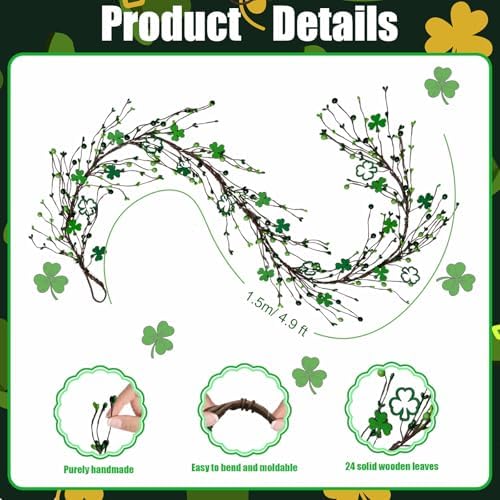 1 Pcs St Patricks Day Garland 5ft, Shamrock Garland, St Patrick's Day with Green Light, St. Patrick's Day Decorations Saint Patricks Irish Decor for Table Mantle Indoor Home - Image 2
