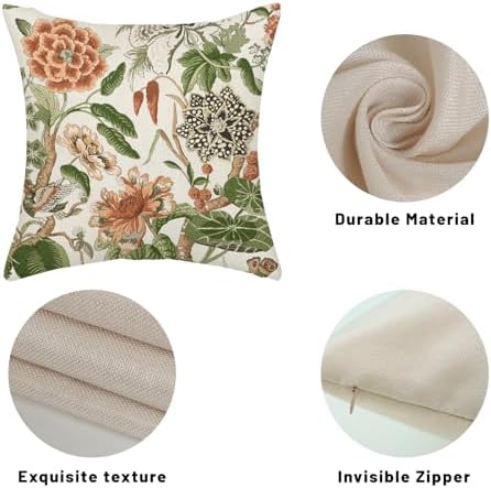 Sage Green Boho Pillow Covers 16x16 Inch 2 Pcs Chinoiserie Burnt Orange Floral Bird Decor Throw Pillows Vintage Flower Seasonal Outdoor Farmhouse Pillowcase Linen Cushion Cover for Couch Sofa - Image 7