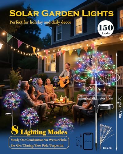 Solar Garden Lights Outdoor Yard Decorations, 2 Pack 150Leds Pathway Lights Stake, Fairy Firework Light for Garden, Patio, Pathway, Flowerbed Multicolor - Image 2