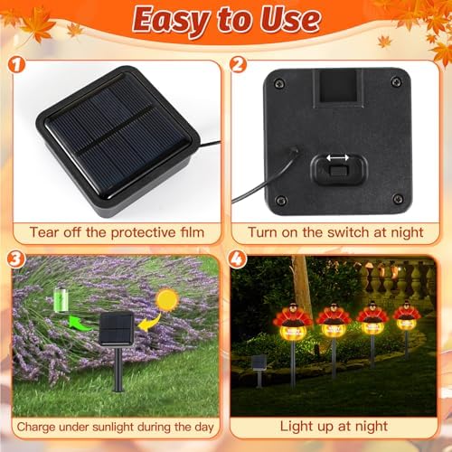 2 Sets 4-in-1 Thanksgiving Turkey Pumpkin Solar Lights Outdoor Decoration Fall Lights Decorative Hand Painted Yard Stakes Solar Powered Turkey Pumpkin Solar Lights For Lawn Pathway Yard Walkway Porch - Image 4