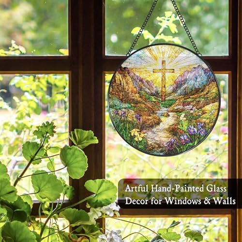 Cross Valley Wildflowers Stained Glass Window Hanging Suncatcher, Christian Sunset Sun Catcher Indoor Window Decor Gifts, Religious Painted Glass Round Wall Hanging Decorations 7.8x7.8 in - Image 4